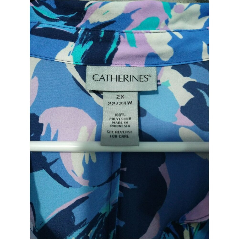 Catherines Shirt Top Womens 2X Plus Blue Button Up 3/4 Sleeve V Neck - Picture 5 of 7